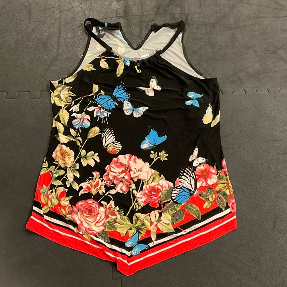 INC International Concepts Black Floral Sleeveless Tank with Blue Accents